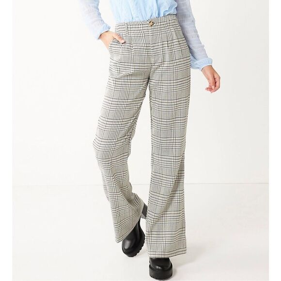 Juniors Womens SO Ivory Plaid Wide Leg Pleated Soft Spun Dress Pants - Sz 17 - Picture 2 of 5
